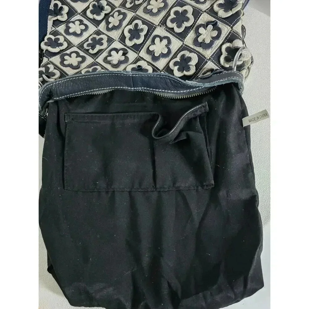 H2Z Leather 3D Floral Navy/Lt. Gray Crossbody Purse Boho Hippie Retro UPCYCLED